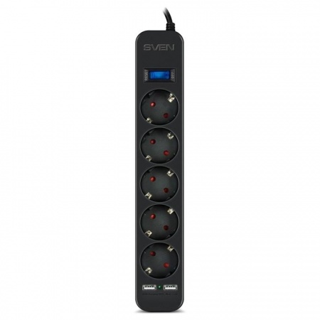 SVEN Фильтр SF-05LU 1,8 м (5 евро розеток,2*USB(2.4А)), черный, цветная коробка [SV-018832]