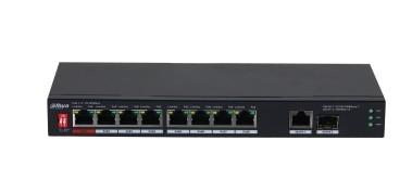 DAHUA DH-PFS3110-8ET1GT1GF-96 10-портовый неуправляемый коммутатор с PoE, 8xRJ45 10/100Mb PoE, 1xRJ45 1Gb uplink, 1xSFP 1Gb uplink, суммарно 96Вт, коммутация 5.6 Гбит/с, MAC-таблица 8К, металл