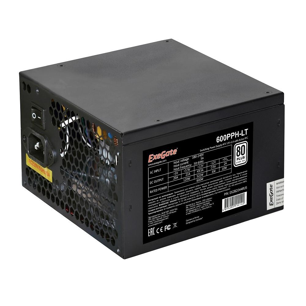 Exegate EX282044RUS-OEM Блок питания 600W Exegate 600PPH-LT-OEM, 80+, ATX, black, APFC, 12cm, 24p, (4+4)p, 5*SATA, 3*IDE