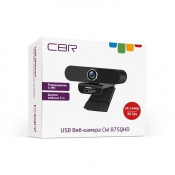 CBR CW 875QHD Black, Веб-камера с матрицей 5 МП, разрешение видео 2560х1440, USB 2.0, встроенный микрофон с шумоподавлением, автофокус, крепление на мониторе, длина кабеля 2 м, цвет чёрный