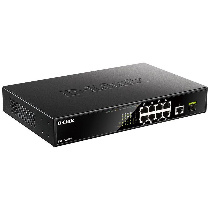 D-Link DGS-1010MP/A1A Неуправляемый коммутатор с 9 портами 10/100/1000Base-T, 1 портом 1000Base-X SFP, функцией энергосбережения и поддержкой QoS (8 портов с поддержкой PoE 802.3af/802.3at (30 Вт)