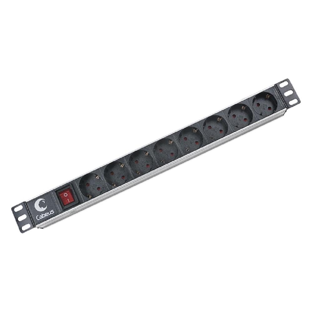 Cabeus PDU-8P Блок евророзеток для 19" шкафов, горизонтальный, 8 розеток, 10 A, выключатель, гнездо под шнур, алюминиевый корпус