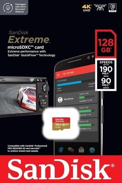 Micro SecureDigital 128GB SanDisk microSDXC Class 10 UHS-I A2 C10 V30 U3 Extreme 190MB/s [SDSQXAA-128G-GN6MN]