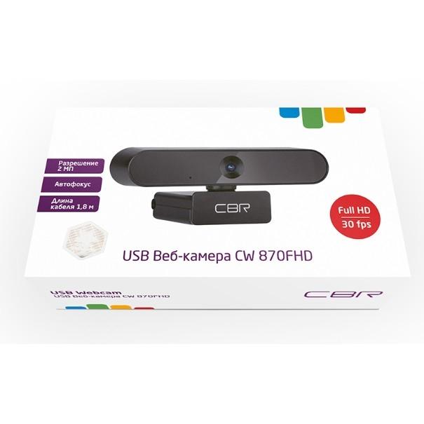 CBR CW 870FHD Black, Веб-камера с матрицей 2 МП, разрешение видео 1920х1080, USB 2.0, встроенный микрофон с шумоподавлением, автофокус, крепление на мониторе, длина кабеля 1,8 м, цвет чёрный