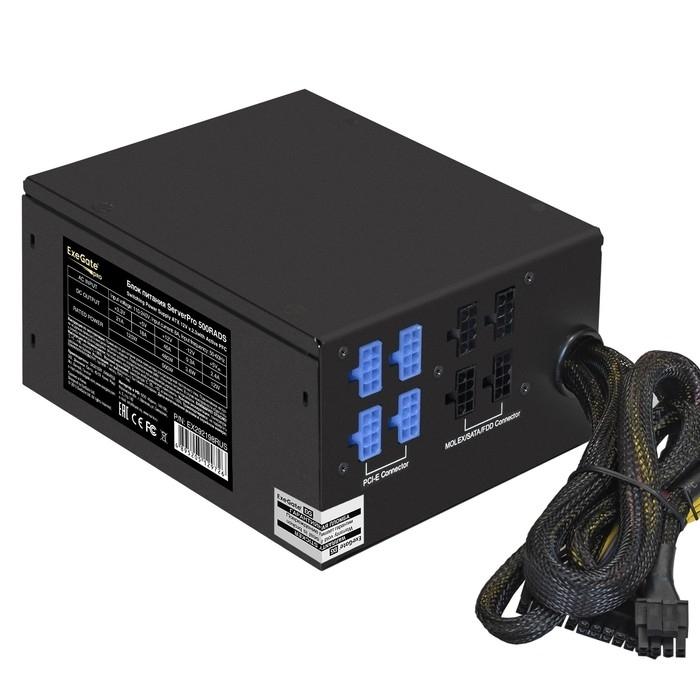 Exegate EX292198RUS Серверный БП 500W ExeGate ServerPRO-500RADS (ATX, for 3U+ cases, APFC, КПД 80% (80 PLUS), 14cm fan, 24pin, (4+4)pin, PCIe, 5xSATA, 4xIDE, FDD, Cable Management, black)