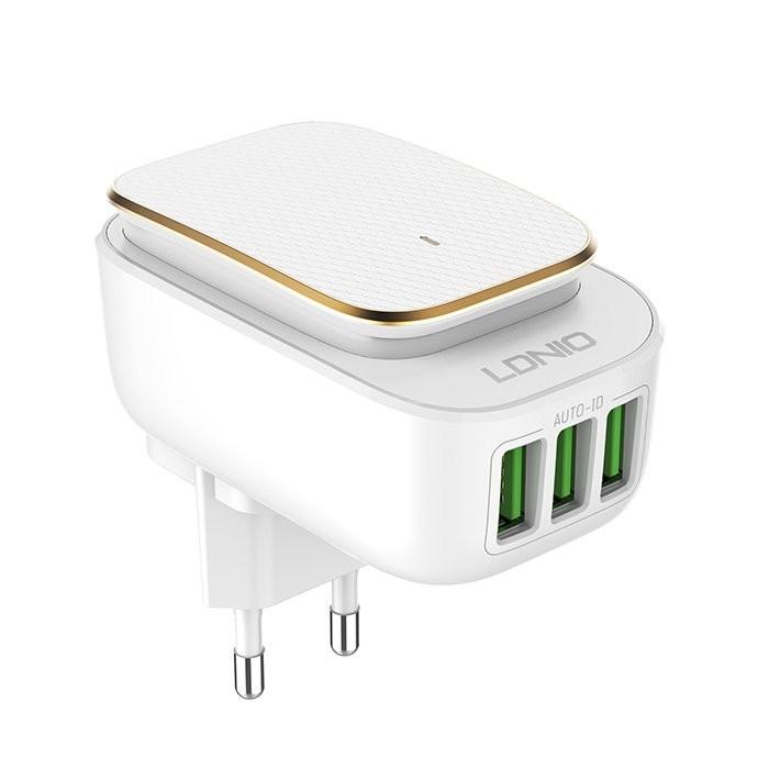 LDNIO LD_B4376 A3305/ Сетевое ЗУ + Led светил. 2.4W + Кабель Type-C/ 3 USB Auto-ID/ Выход: 17W/ White&Gold