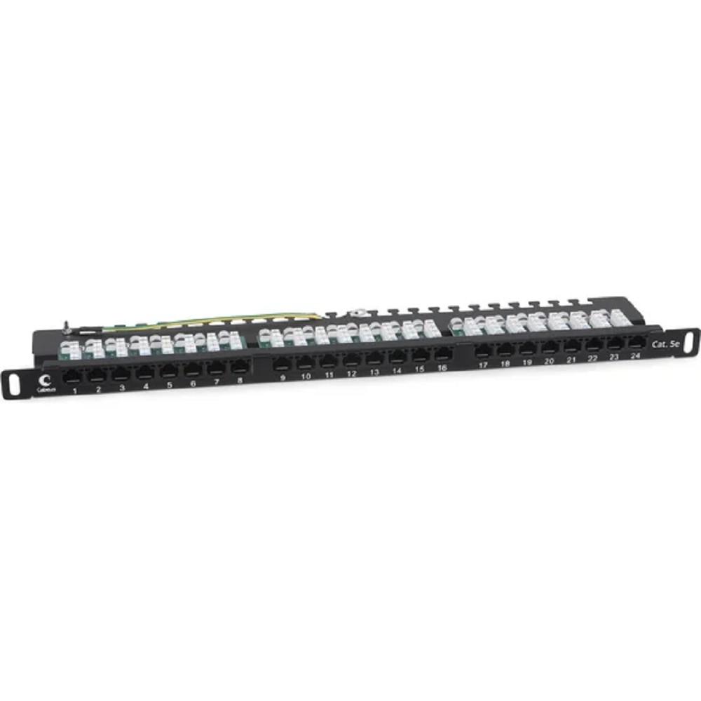 Cabeus PLHD-24-Cat.5e-Dual-90-0,5U Патч-панель высокой плотности 19" (0,5U), 24 порта RJ-45, категория 5e, Dual IDC, 90 градусов, с задним кабельным организатором