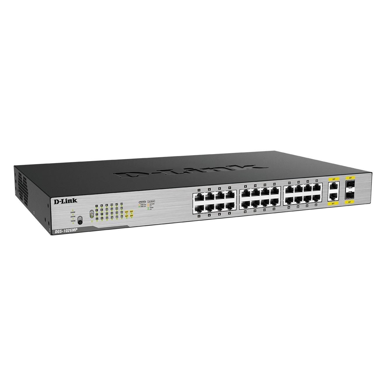 D-Link DGS-1026MP/B2A Неуправляемый коммутатор с 24 портами 10/100/1000Base-T, 2 комбо-портами 100/1000Base-T/SFP (24 порта PoE 802.3af/at, PoE-бюджет 370 Вт)