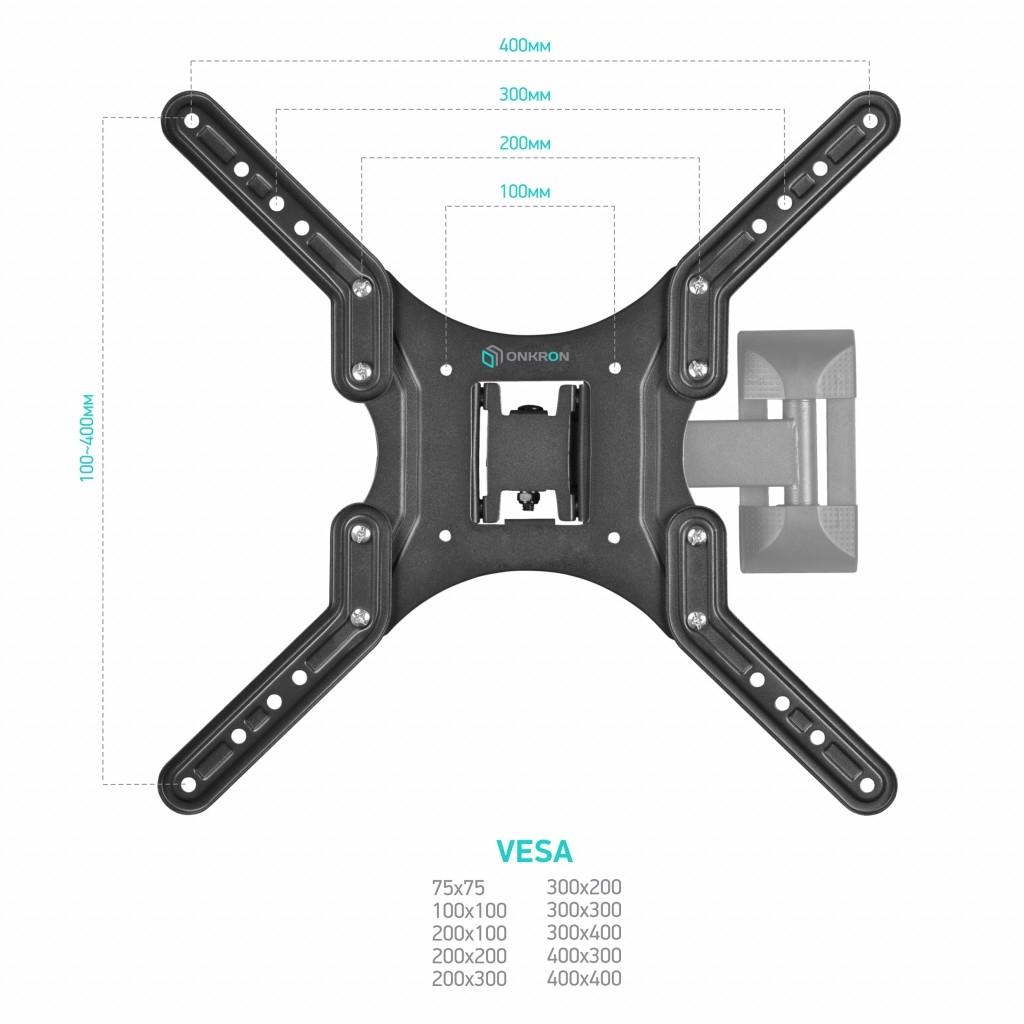 ONKRON M2 чёрный Для телевизоров диагональю 26"-55" Максимальная нагрузка: 35 кг VESA: 100x100, 200x100, 200x200, 200x300, 200x400, 300x200, 300x300, 400x200, 400x300, 400x400 мм