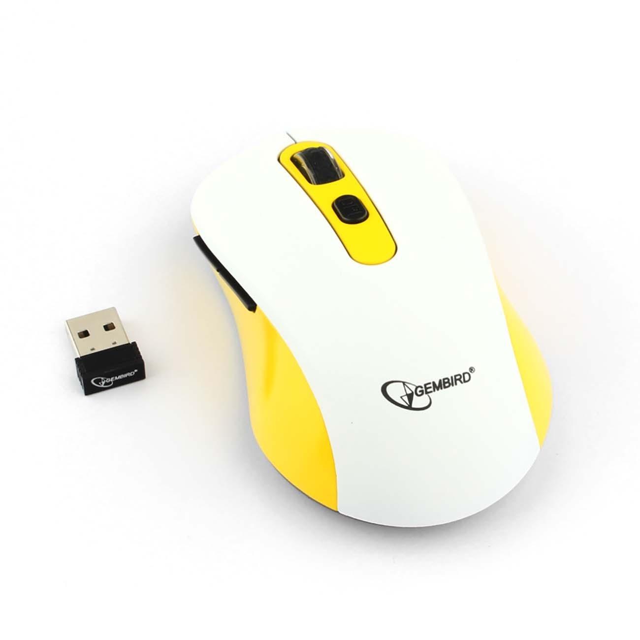 Gembird MUSW-221-Y {Мышь беспров., белый/жёлтый, 5кн.+колесо-кнопка, 800/1200/1600DPI, 2.4ГГц, трехуровневая система энергосбережения}