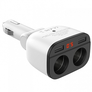 HOCO HC-91967 Z28/ Авто ЗУ + 2 розетки 12V + LED дисплей/ 2 USB/ Выход USB: 15.5W/ White