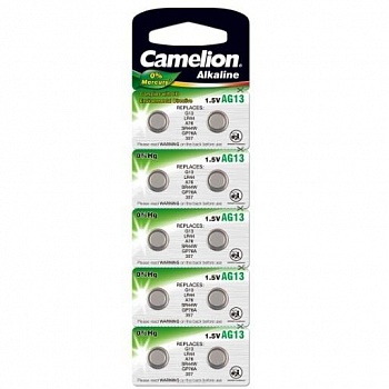 Camelion G13  BL-10 Mercury Free (AG13-BP10(0%Hg), 357A/LR44/A76 батарейка для часов) (10 шт. в уп-ке)