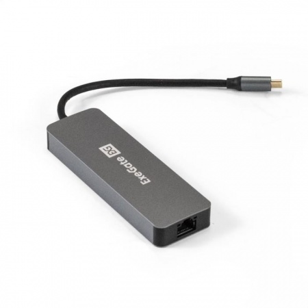 Exegate EX293982RUS Док-станция ExeGate DUB-21C/PD/HL (кабель-адаптер USB Type-C --> 2xUSB3.0 + PD 100W + HDMI 4K@60Hz + Lan RJ45 10/100/1000Mb, Plug&Play, серая)