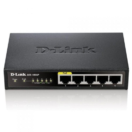 D-Link DES-1005P/B1A Неуправляемый коммутатор с 5 портами 10/100Base-TX, функцией энергосбережения и поддержкой QoS (4 порта с поддержкой PoE 802.3af/802.3at (30 Вт), PoE-бюджет 60 Вт)