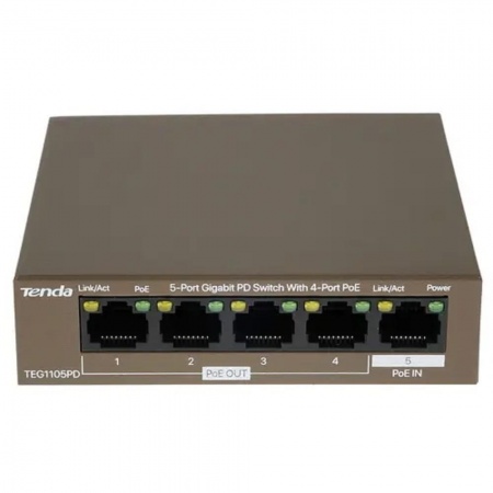 TENDA TEG1105PD Коммутатор настольный 5-Ports 10/100/1000 Base-T 4-Ports PoE(PoE бюджет 30W)