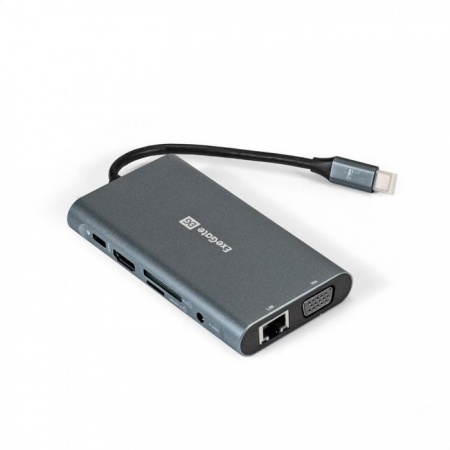 Exegate EX293985RUS Док-станция ExeGate DUB-31C/MAX (кабель-адаптер USB Type-C --> 3xUSB3.0 + Card Reader + PD 100W + HDMI 4K@30Hz + VGA + Audio + Lan RJ45 10/100/1000Mb, Plug&Play, серый)