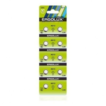 Ergolux AG13  BL-10 (AG13-BP10, LR44 /LR1154 /A76 /357 батарейка для часов)(10 шт. в уп-ке)