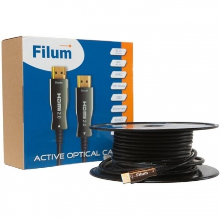 Filum Кабель HDMI активный, оптический, 20 м, 4K/60HZ,  v.2.0, ARC, 19M/19M, черный,  коробка, (FL-AOC-HDMI2.0-20M)