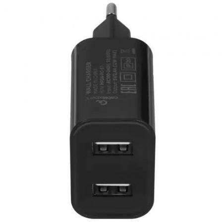 Cablexpert Адаптер питания USB 2 порта, 2.4A, черный + кабель 1м Type-C (MP3A-PC-37)