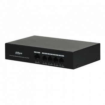 DAHUA DH-PFS3005-4ET-36 5-портовый неуправляемый коммутатор с РоЕ, 4xRJ45 100Mb PoE, 1xRJ45 100Mb, суммарно 36Вт, коммутация 1 Гбит/с, MAC-таблица 1К, металл
