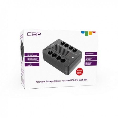 ИБП CBR [UPS-OFB-101E-650] 650VA/390W, Schuko CEE 7 Outlets: (x4 Battery & Surge Protected; x4 Surge Protected), LED, AVR, SEC, 12V/7Ah