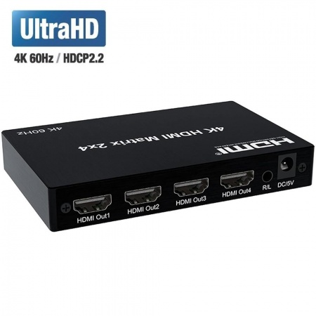 ORIENT HSP0204HN-2.0, HDMI матричный переключатель/разветвитель 2->4 с аудиовыходами, UHD 4K/60Гц (3840x2160), HDR, HDMI 2.0, HDCP 2.2, пульт ДУ, внешний БП 5В/2A, метал.корпус (33266)