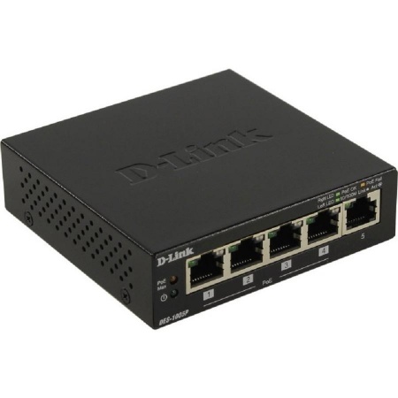 D-Link DES-1005P/B1A Неуправляемый коммутатор с 5 портами 10/100Base-TX, функцией энергосбережения и поддержкой QoS (4 порта с поддержкой PoE 802.3af/802.3at (30 Вт), PoE-бюджет 60 Вт)