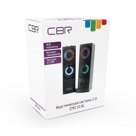 CBR CMS 514L Black, Акустическая система 2.0, питание USB, 2х3 Вт (6 Вт RMS), пластик, RGB-подсветка, конструкция-транформер, 3.5 мм лин. стереовход, регул. громк., длина кабеля 1,3 м, цвет чёрный