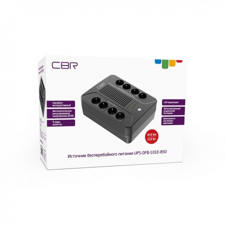 ИБП CBR [UPS-OFB-101E-850] 850VA/510W, Schuko CEE 7 Outlets: (x4 Battery & Surge Protected; x4 Surge Protected), LED, AVR, SEC, 12V/8Ah