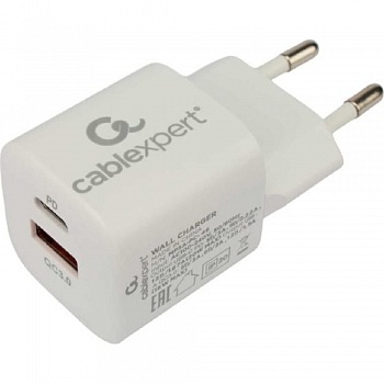 Cablexpert Зарядное устройство 20Вт, 3А, QC3.0/PD, 1xUSB, 1xType-C, белый, пакет (MP3A-PC-46)