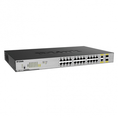 D-Link DGS-1026MP/B2A Неуправляемый коммутатор с 24 портами 10/100/1000Base-T, 2 комбо-портами 100/1000Base-T/SFP (24 порта PoE 802.3af/at, PoE-бюджет 370 Вт)
