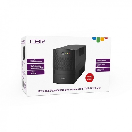 ИБП CBR [UPS-TWP-101EJ-650] 650VA/390W, Schuko CEE 7 x2 outlets, LED, USB Type-B, RJ11/45 AVR, SEC, 12V/7Ah
