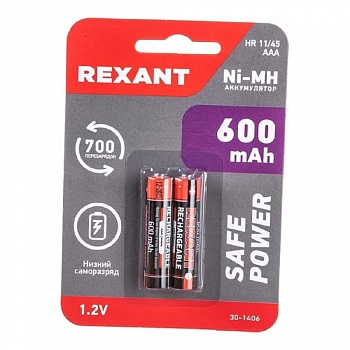 Rexant (30-1406) Аккумулятор Ni-MH AAA/HR03, 1,2В, 600мАч, 2 шт, блистер