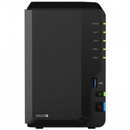 Synology DS220+ Сетевое хранилище DC 2,0GhzCPU/2GB(upto6)/RAID0,1/up to 2HDDs SATA(3,5' 2,5')/2xUSB3.0/2GigEth/iSCSI/2xIPcam(up to 25)/1xPS /2YW