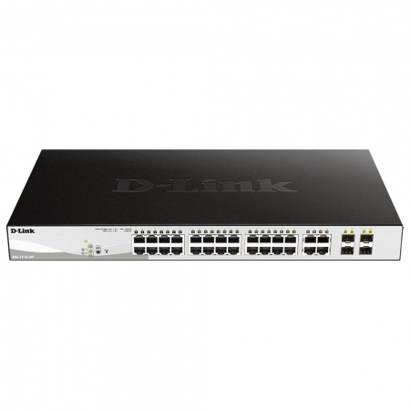 D-Link DGS-1210-28P/FL1A Управляемый коммутатор 2 уровня с 24 портами 10/100/1000Base-T и 4 комбо-портами 100/1000Base-T/SFP (24 порта с поддержкой PoE 802.3af/802.3at (30 Вт), РоЕ-бюджет 193 Вт)