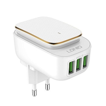 LDNIO LD_B4375 A3305/ Сетевое ЗУ + Led светил. 2.4W + Кабель Lightning/ 3 USB Auto-ID/ Выход: 17W/ White&Gold