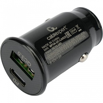 Cablexpert Автомобильное зарядное устройство 20Вт, 3А, QC3.0/PD, 1xUSB, 1xType-C, черный, пакет (MP3A-UC-CAR23)