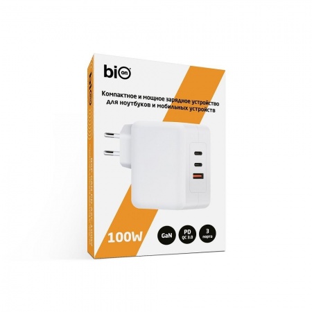 Bion Сетевое Зарядное Устройство, GaN, USB-A + 2*USB-C, PowerDelivery, 100 Вт, белый [BXP-GAN-PD-A2C-100W]